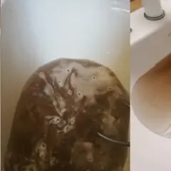 Trzy ujęcia brudnej, brązowej wody w białej umywalce.